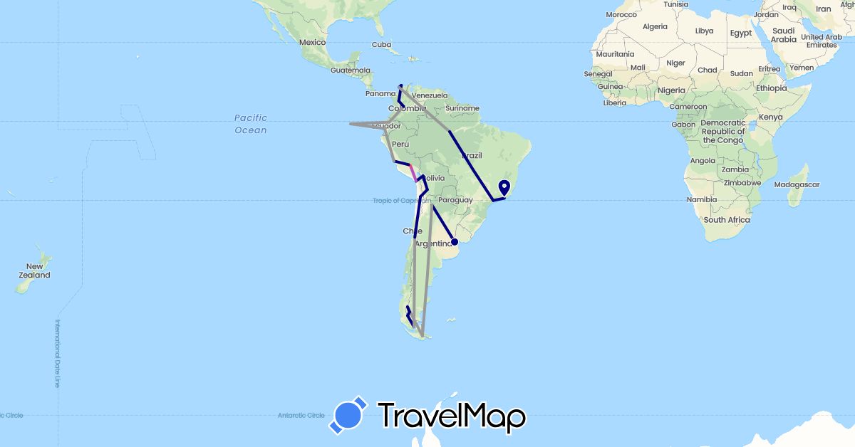 TravelMap itinerary: driving, plane, train, hiking in Argentina, Bolivia, Brazil, Chile, Colombia, Ecuador, Peru (South America)